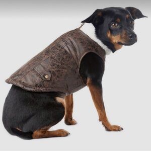 Wag-a-Tude brown faux leather bomber dog jacket with Sherpa trim.‎ Size Small.